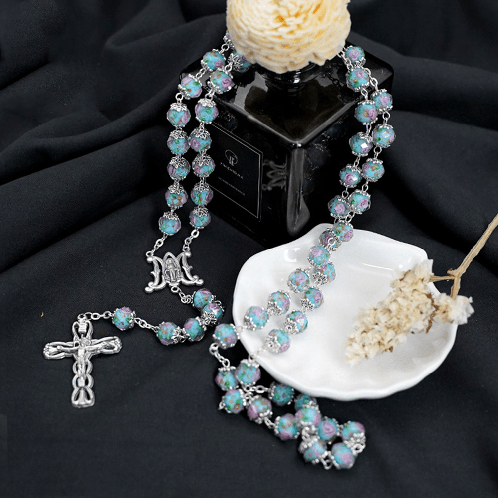 Christianartworkshop Glazed Crystal Rose Flower Beads Rosary - image 2