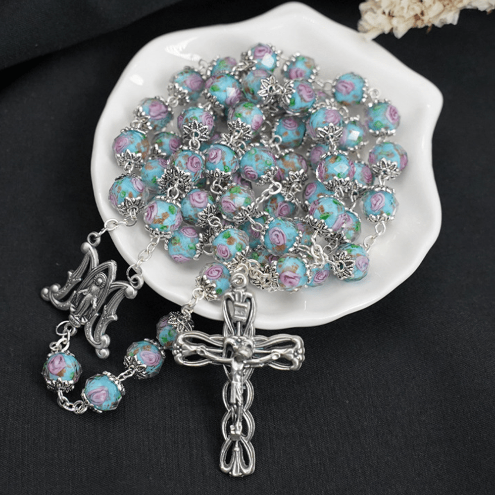 Christianartworkshop Glazed Crystal Rose Flower Beads Rosary - Sky Blue - image 0
