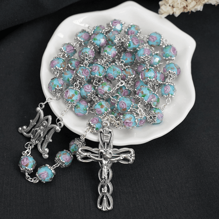 Christianartworkshop Glazed Crystal Rose Flower Beads Rosary - Sky Blue - image 0