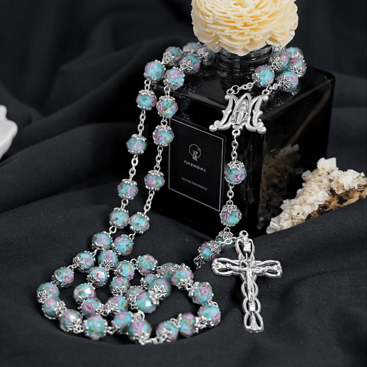 Christianartworkshop Glazed Crystal Rose Flower Beads Rosary - image 4