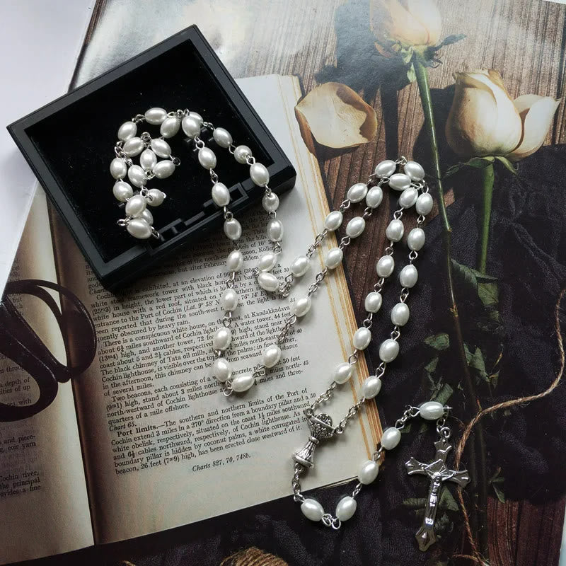 Christianartworkshop Holy Grail & Crucifix of 6*8 mm Oval White Pearl Alloy Chain Rosary - 🔥3 PCS - image 1