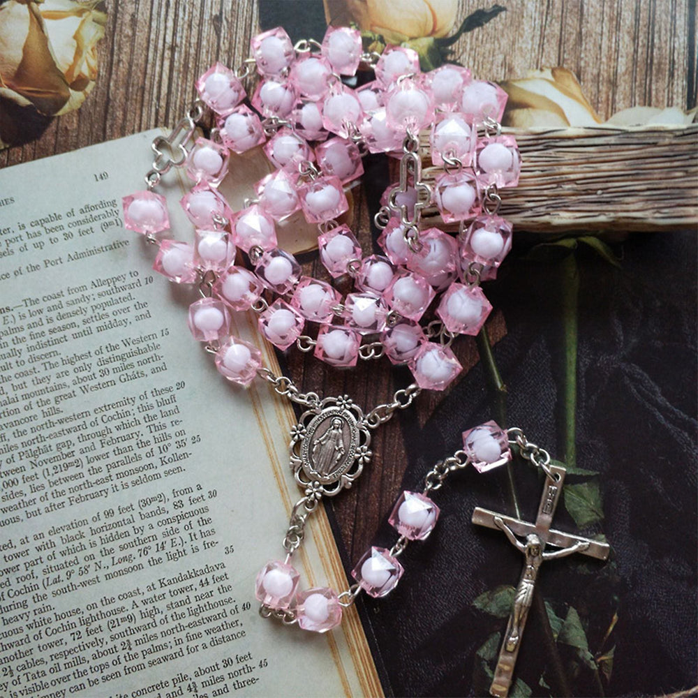 Christianartworkshop Miraculous Medal & Crucifix of 8 mm Square Pink Acrylic Alloy Chain Rosary - image 2