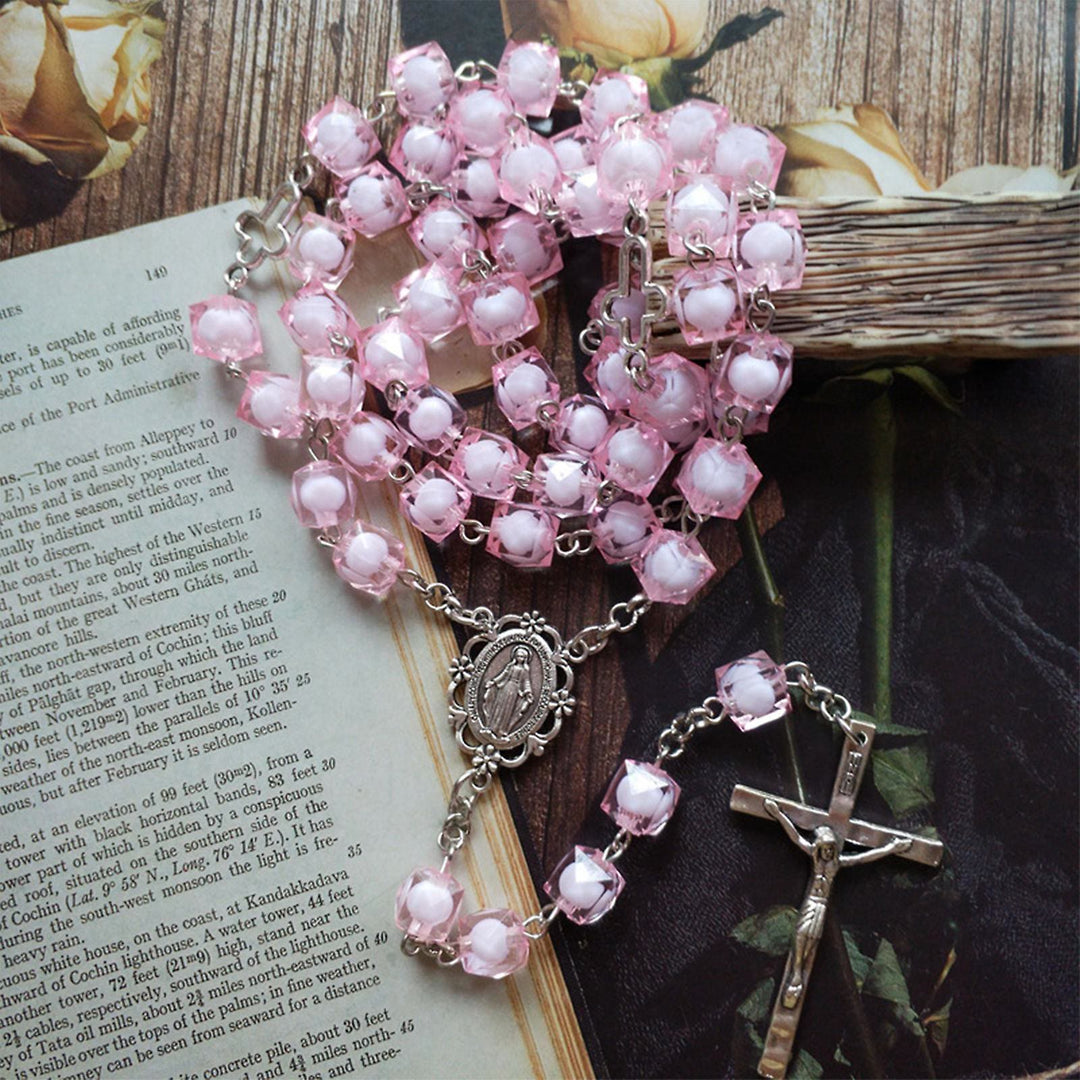 Christianartworkshop Miraculous Medal & Crucifix of 8 mm Square Pink Acrylic Alloy Chain Rosary - image 2