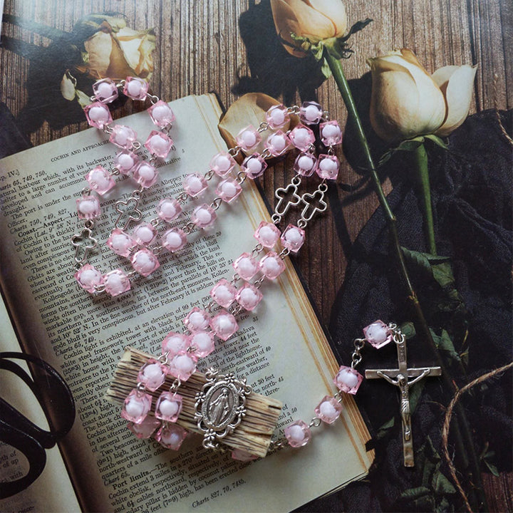 Christianartworkshop Miraculous Medal & Crucifix of 8 mm Square Pink Acrylic Alloy Chain Rosary - 🔥3 PCS - image 1