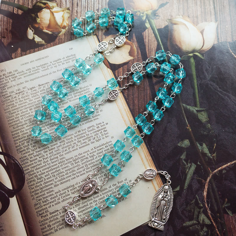 Christianartworkshop Miraculous Medal & Our Lady of Guadalupe of 8 mm Polyhedron Blue Crystal Alloy Chain Rosary - image 2