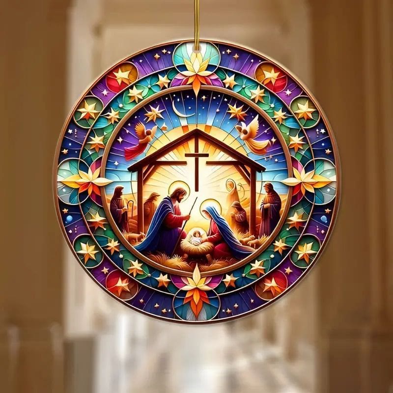 Christianartworkshop Stained Glass Styles Colorful Nativity Hanging Ornaments A - Nativity Scene - image 1