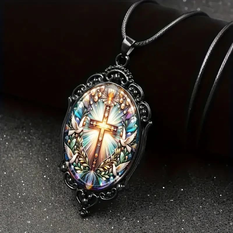 Christianartworkshop Retro Style Cross & Holy Dove Glass Pendant Necklace - Cross & Holy Dove - image 1