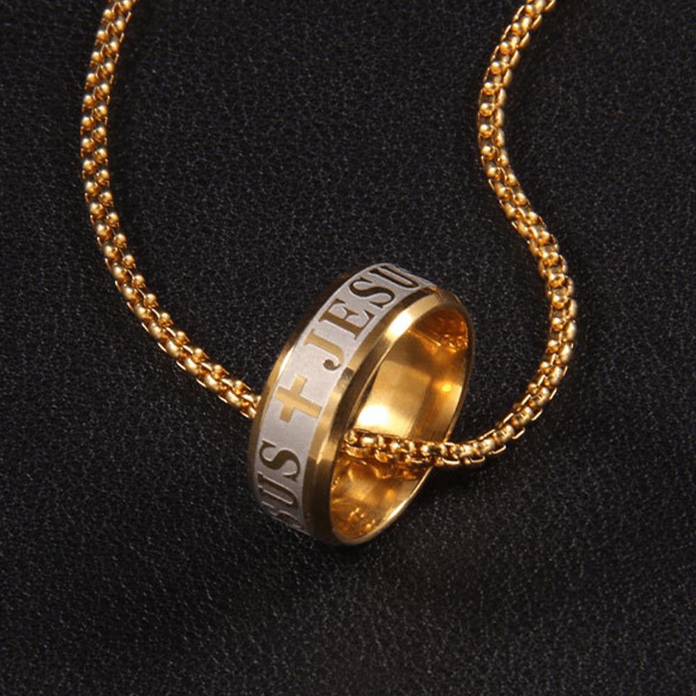 Christianartworkshop Combination Style Laser Engraving "JESUS" Ring & Chain Necklace - image 1
