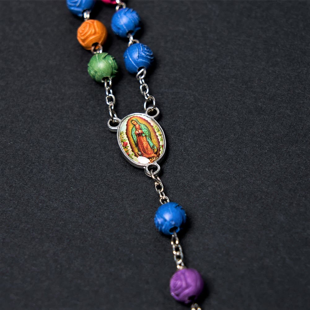 Christianartworkshop Our Lady of Guadalupe & Crucifix of 8 mm Rose Multicolor Resin Alloy Chain Rosary - image 7