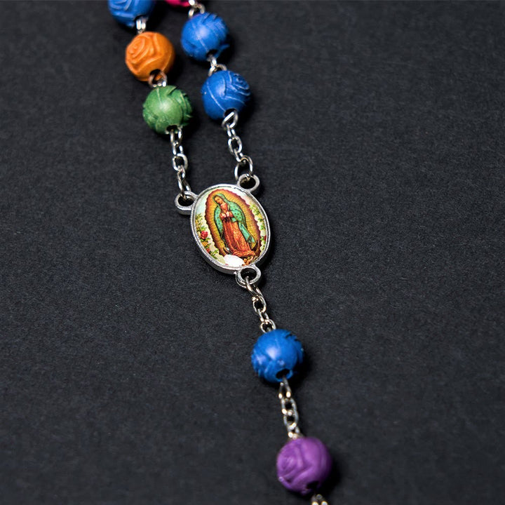 Christianartworkshop Our Lady of Guadalupe & Crucifix of 8 mm Rose Multicolor Resin Alloy Chain Rosary - image 8