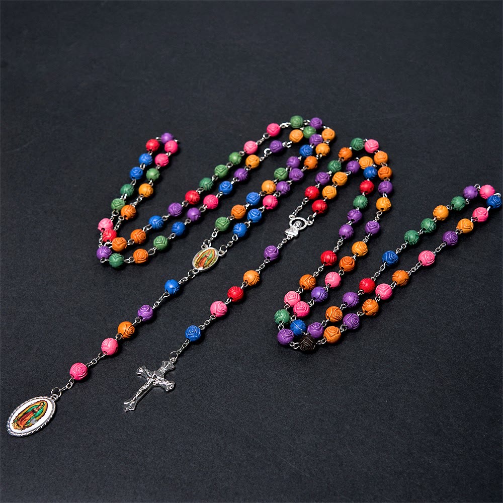 Christianartworkshop Our Lady of Guadalupe & Crucifix of 8 mm Rose Multicolor Resin Alloy Chain Rosary - image 2