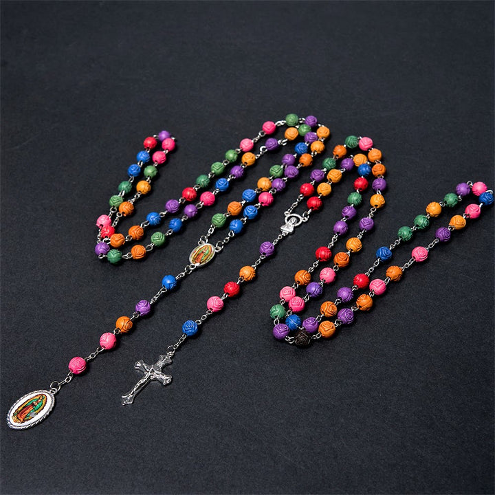 Christianartworkshop Our Lady of Guadalupe & Crucifix of 8 mm Rose Multicolor Resin Alloy Chain Rosary - image 2