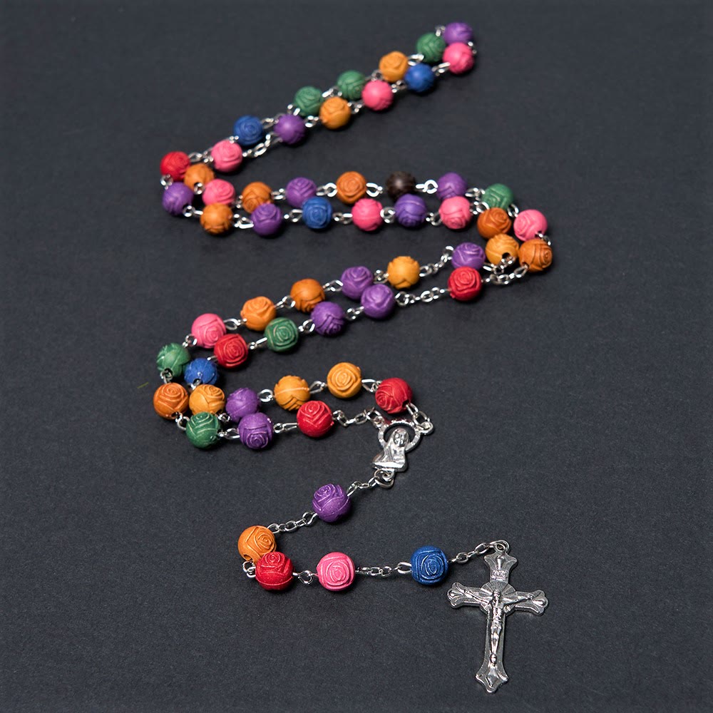 Christianartworkshop Our Lady of Guadalupe & Crucifix of 8 mm Rose Multicolor Resin Alloy Chain Rosary - Crucifix - image 3
