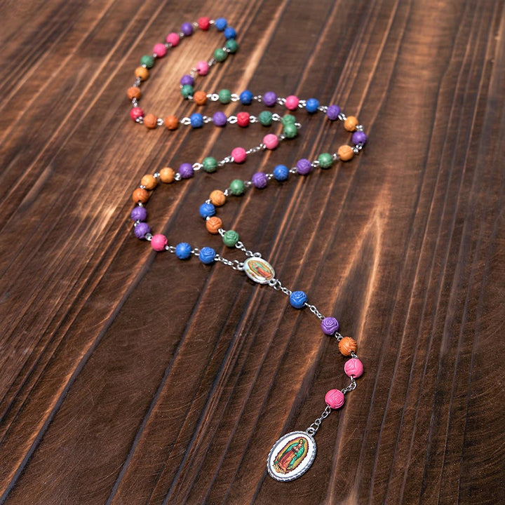 Christianartworkshop Our Lady of Guadalupe & Crucifix of 8 mm Rose Multicolor Resin Alloy Chain Rosary - image 4