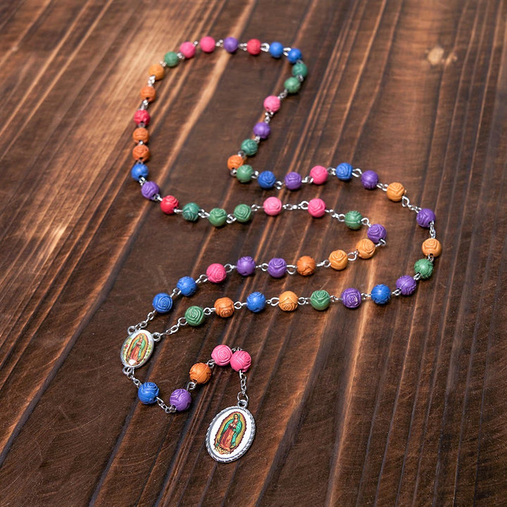 Christianartworkshop Our Lady of Guadalupe & Crucifix of 8 mm Rose Multicolor Resin Alloy Chain Rosary - image 7