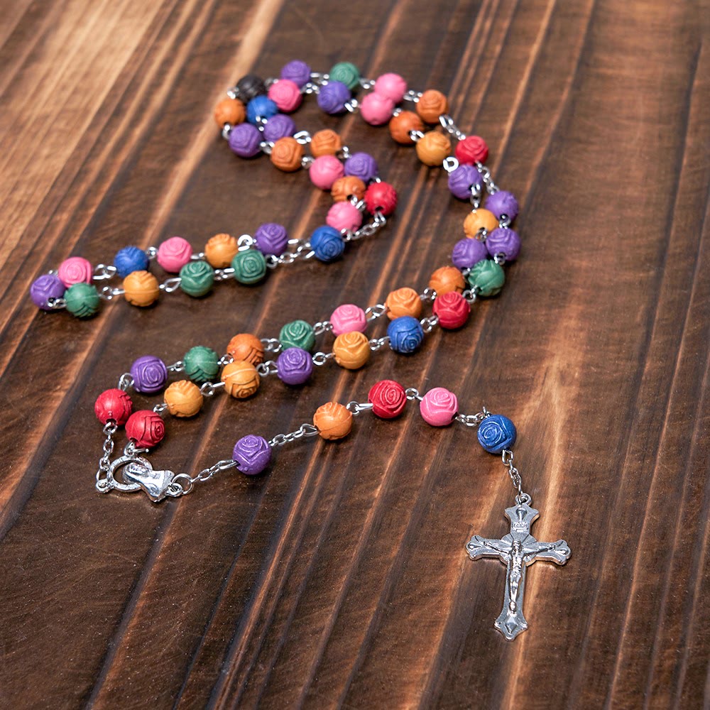 Christianartworkshop Our Lady of Guadalupe & Crucifix of 8 mm Rose Multicolor Resin Alloy Chain Rosary - image 5