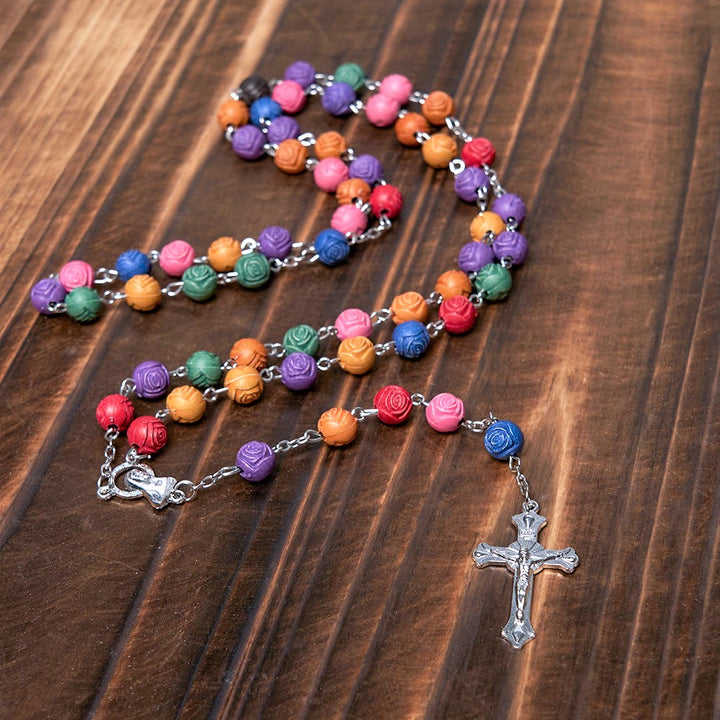 Christianartworkshop Our Lady of Guadalupe & Crucifix of 8 mm Rose Multicolor Resin Alloy Chain Rosary - image 5