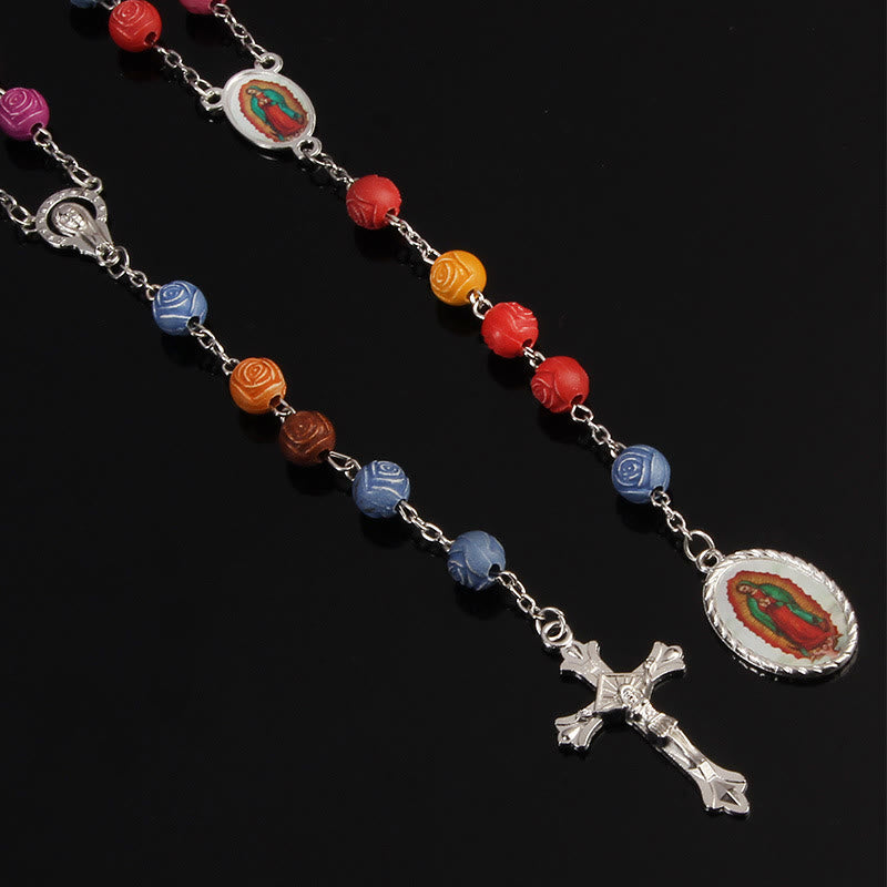 Christianartworkshop Our Lady of Guadalupe & Crucifix of 8 mm Rose Multicolor Resin Alloy Chain Rosary - image 6