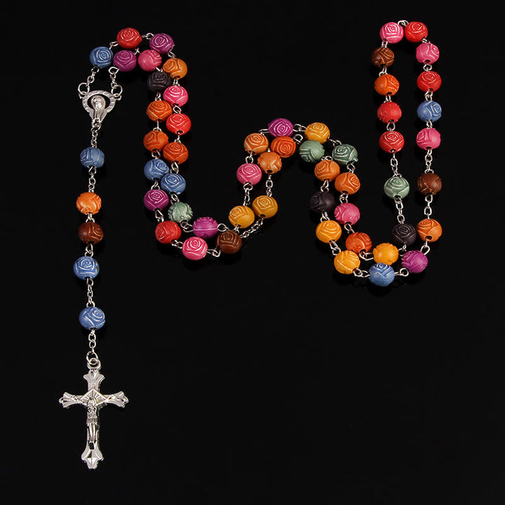 Christianartworkshop Our Lady of Guadalupe & Crucifix of 8 mm Rose Multicolor Resin Alloy Chain Rosary - image 10