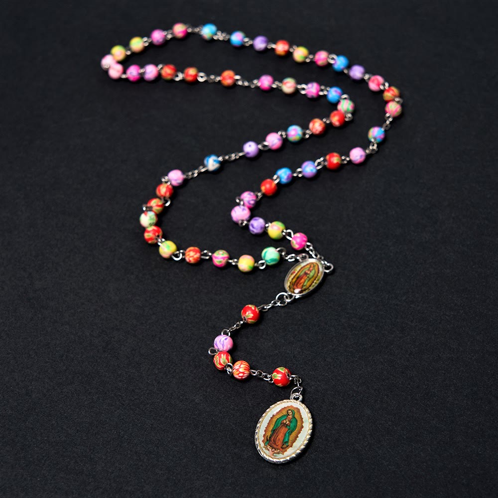 Christianartworkshop Our Lady of Guadalupe & Crucifix of 6 mm Round Multicolor Polymer Clay Alloy Chain Rosary - image 3