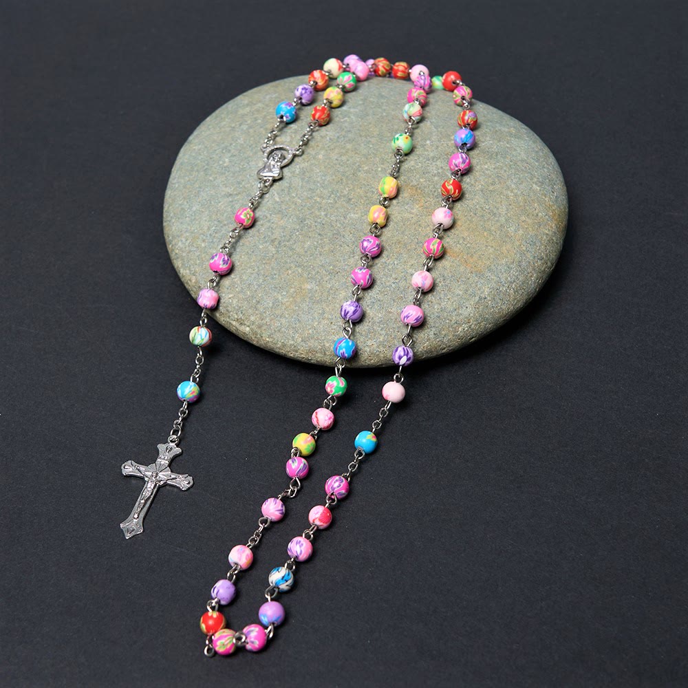 Christianartworkshop Our Lady of Guadalupe & Crucifix of 6 mm Round Multicolor Polymer Clay Alloy Chain Rosary - Crucifix - image 2