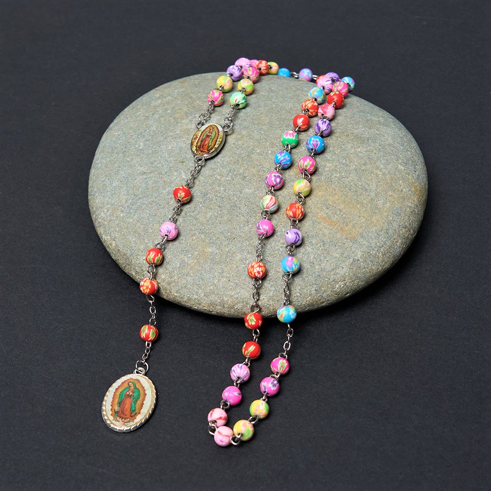 Christianartworkshop Our Lady of Guadalupe & Crucifix of 6 mm Round Multicolor Polymer Clay Alloy Chain Rosary - Our Lady of Guadalupe - image 1