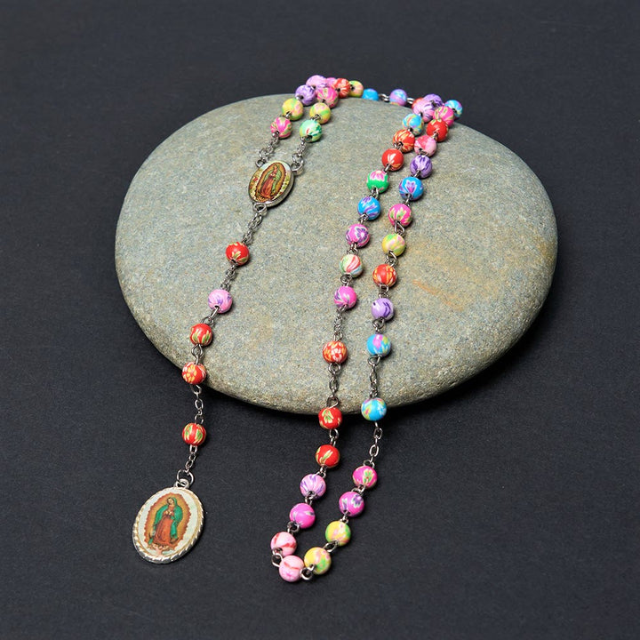 Christianartworkshop Our Lady of Guadalupe & Crucifix of 6 mm Round Multicolor Polymer Clay Alloy Chain Rosary - Our Lady of Guadalupe - image 0