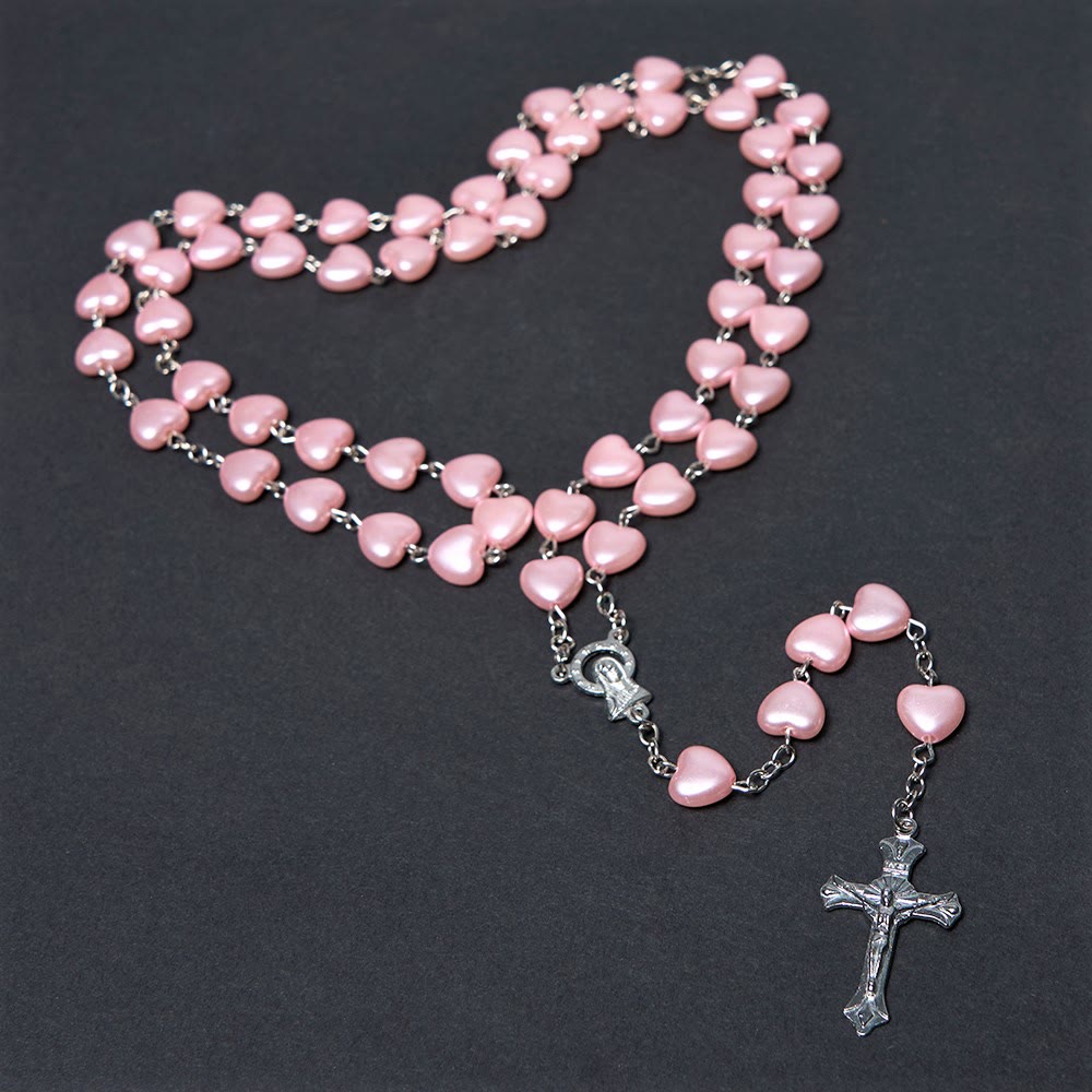 Christianartworkshop Our Lady of Fátima & Crucifix of 10 mm Heart Pink Acrylic Alloy Chain Rosary - image 2