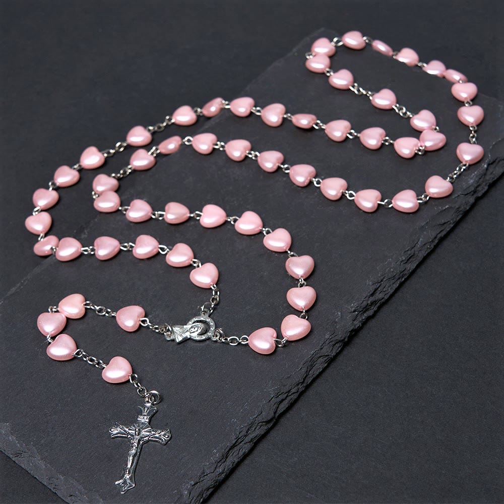 Christianartworkshop Our Lady of Fátima & Crucifix of 10 mm Heart Pink Acrylic Alloy Chain Rosary - Pink - image 1