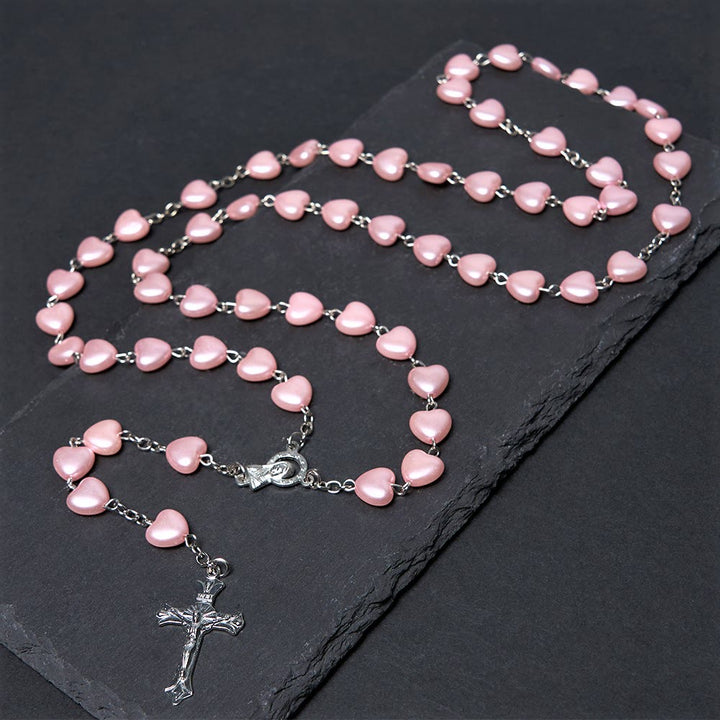 Christianartworkshop Our Lady of Fátima & Crucifix of 10 mm Heart Pink Acrylic Alloy Chain Rosary - Pink - image 1