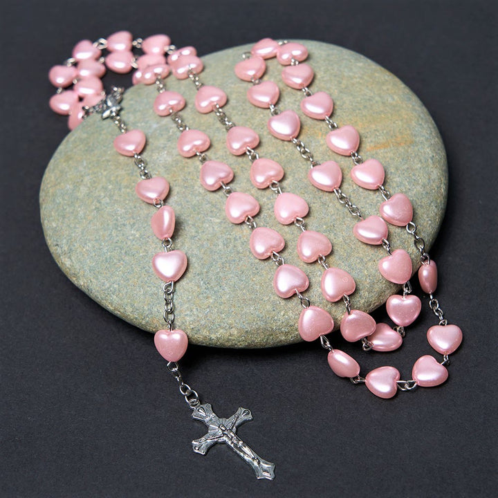 Christianartworkshop Our Lady of Fátima & Crucifix of 10 mm Heart Pink Acrylic Alloy Chain Rosary - image 3