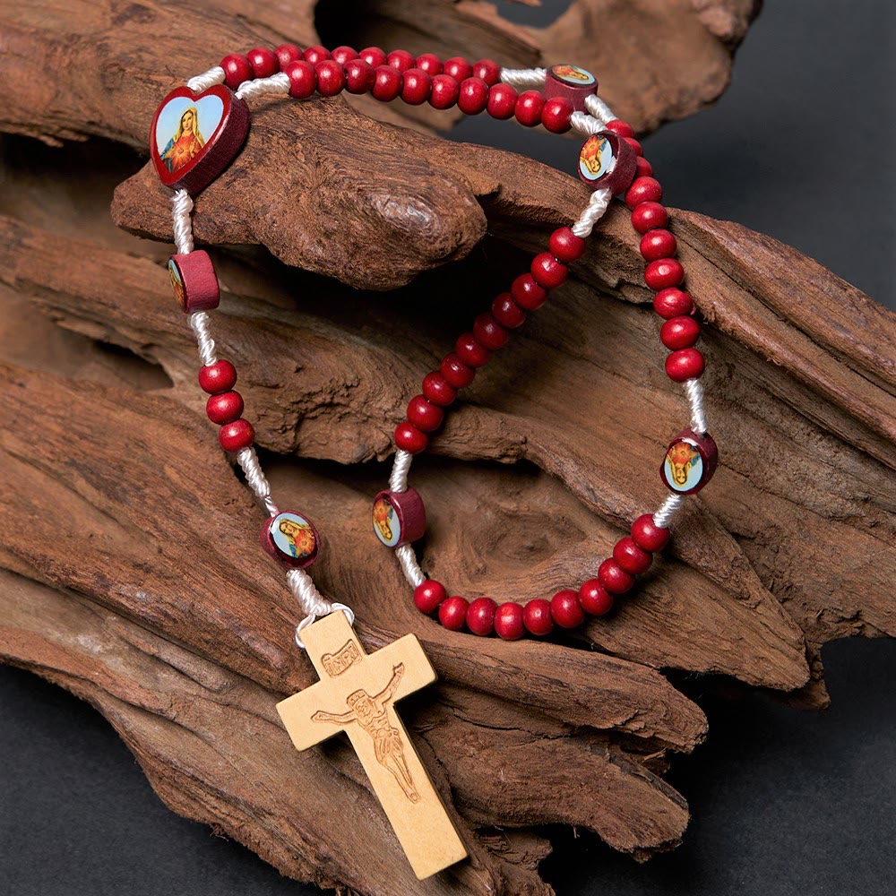 Christian Art Wine Red Wooden Beads Cross Virgin Mary Hand Held Rosary - Virgin Mary - image 1