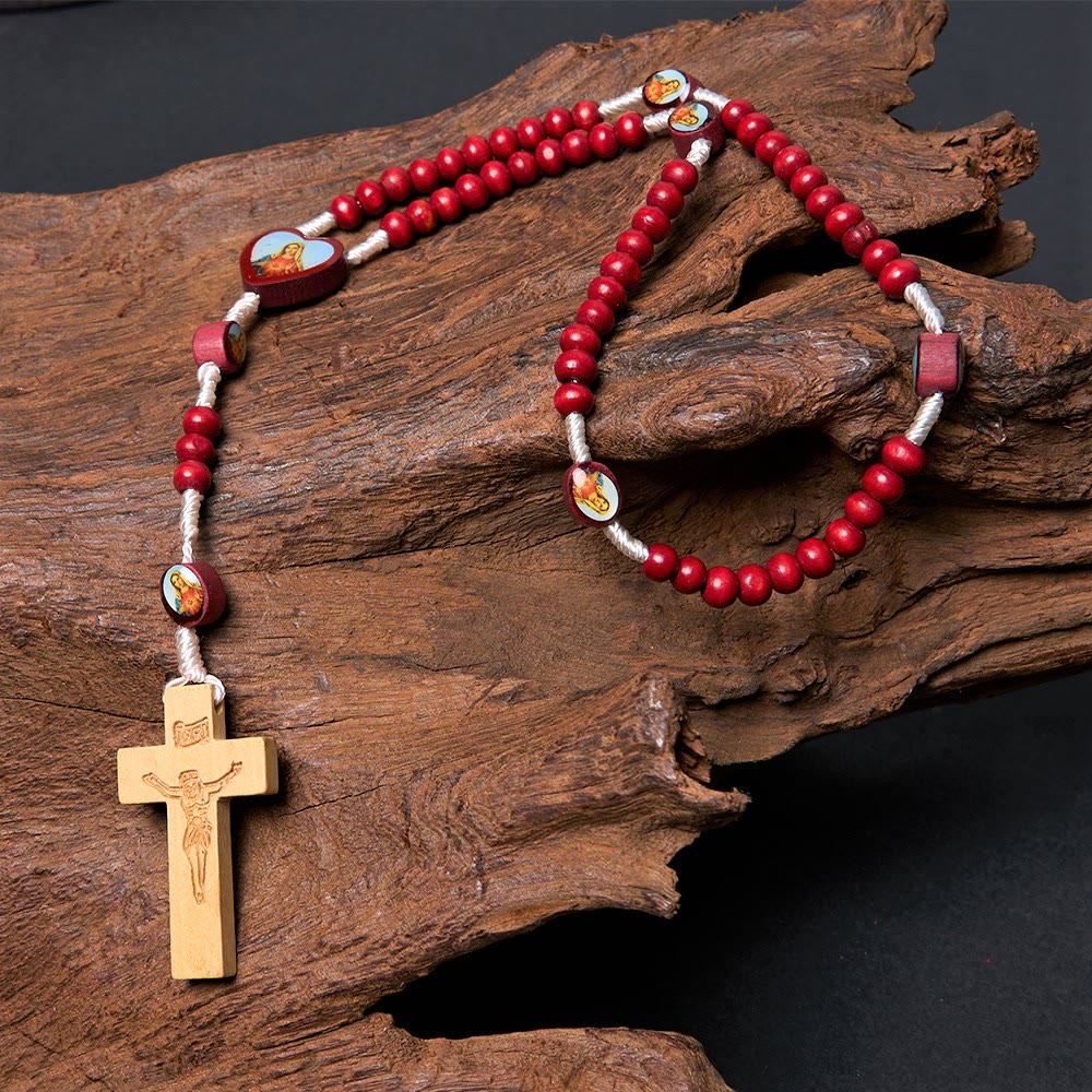 Christian Art Wine Red Wooden Beads Cross Virgin Mary Hand Held Rosary - image 8