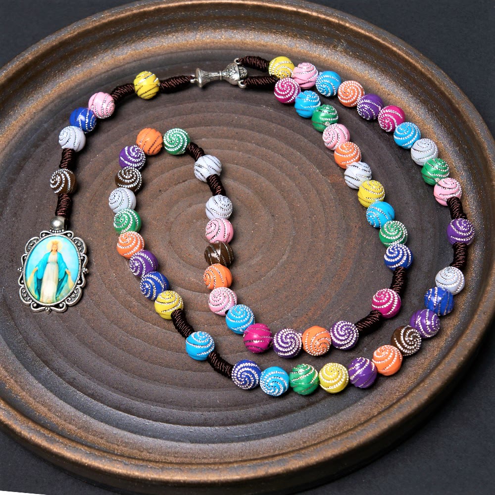 Christianartworkshop Holy Grail & Miraculous Medal of 8 mm Round Multicolor Acrylic Nylon Cord Rosary - image 2