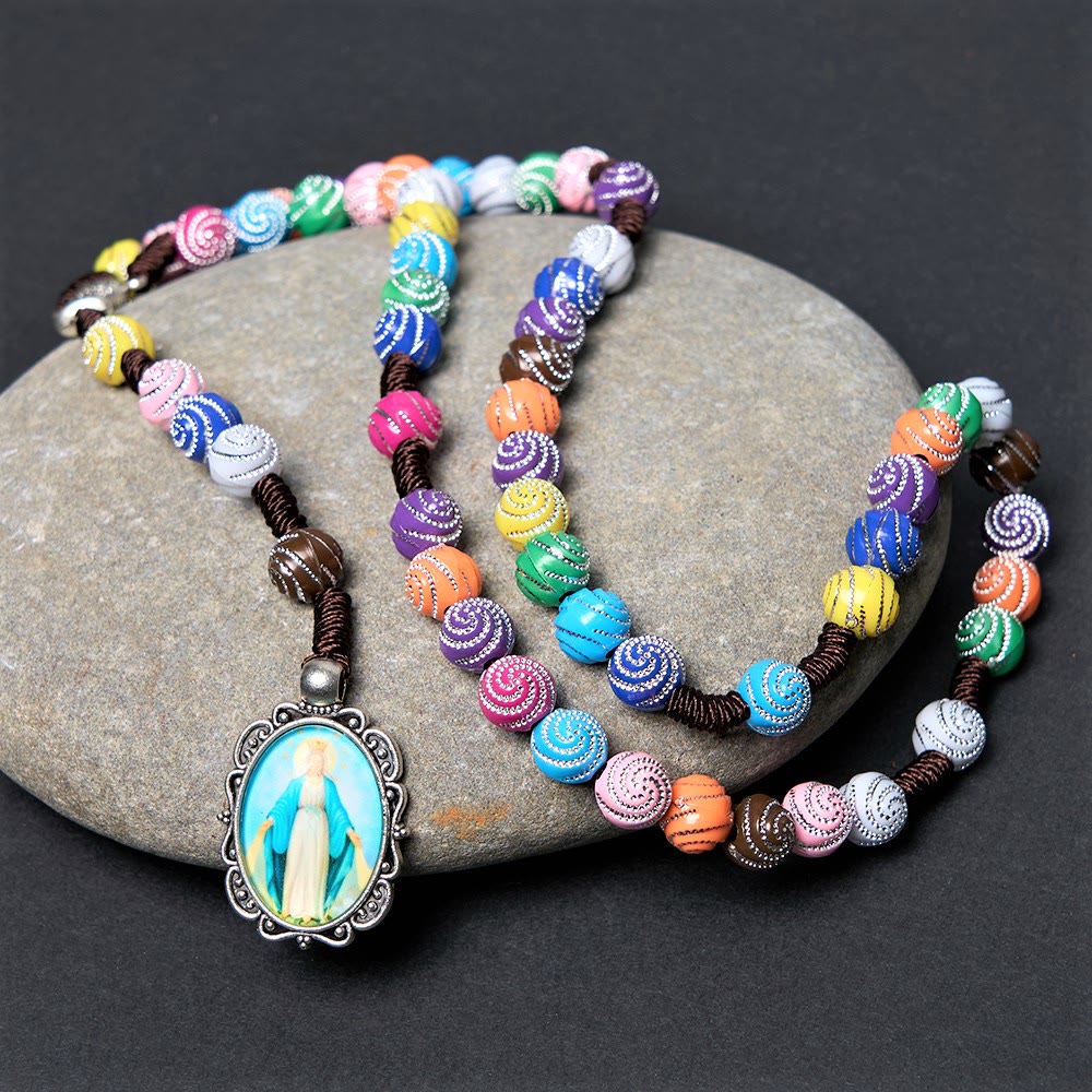 Christianartworkshop Holy Grail & Miraculous Medal of 8 mm Round Multicolor Acrylic Nylon Cord Rosary - Multicolor - image 1