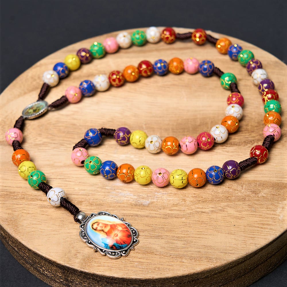 Christianartworkshop Our Lady of Mercy & Crucifix of 8 mm Round Multicolor Acrylic Nylon Cord Rosary - Multicolor - image 1