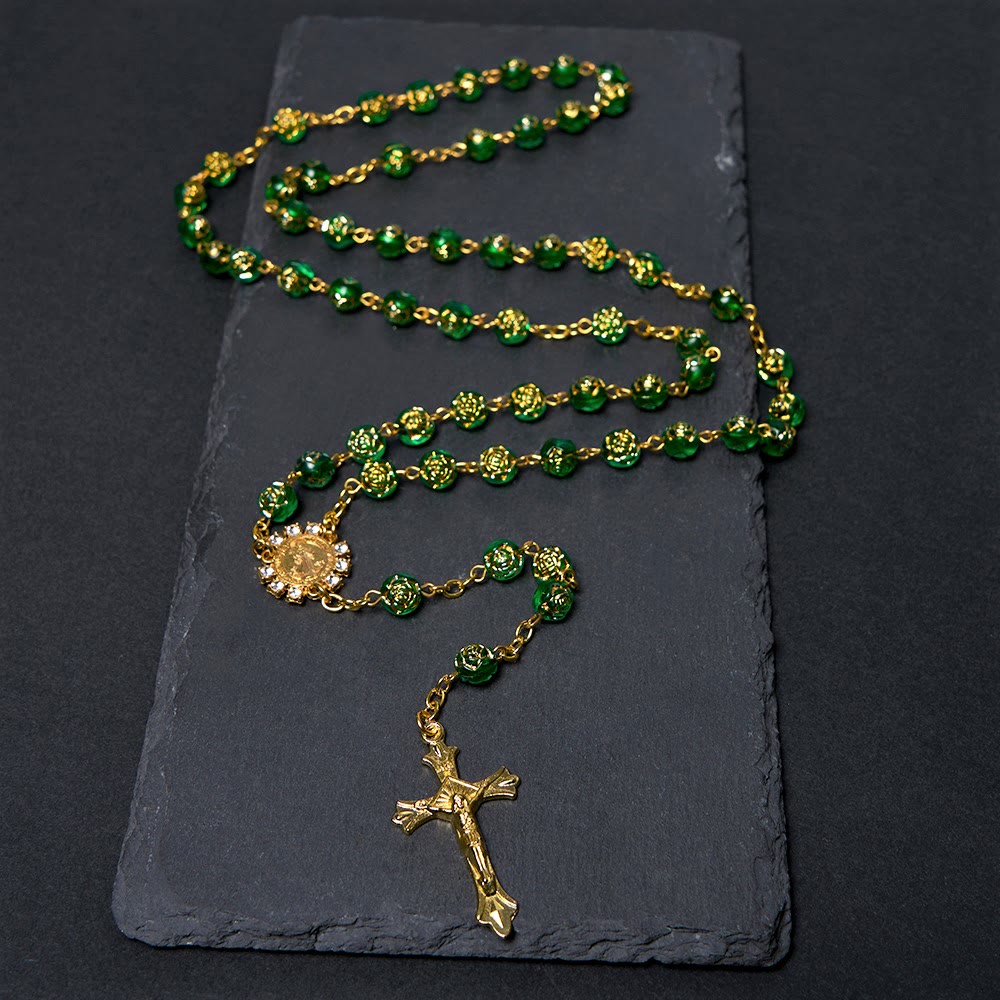 Christianartworkshop St. Benedict Medal & Crucifix of 8 mm Round Multicolor Acrylic Alloy Chain Rosary - Green - image 6