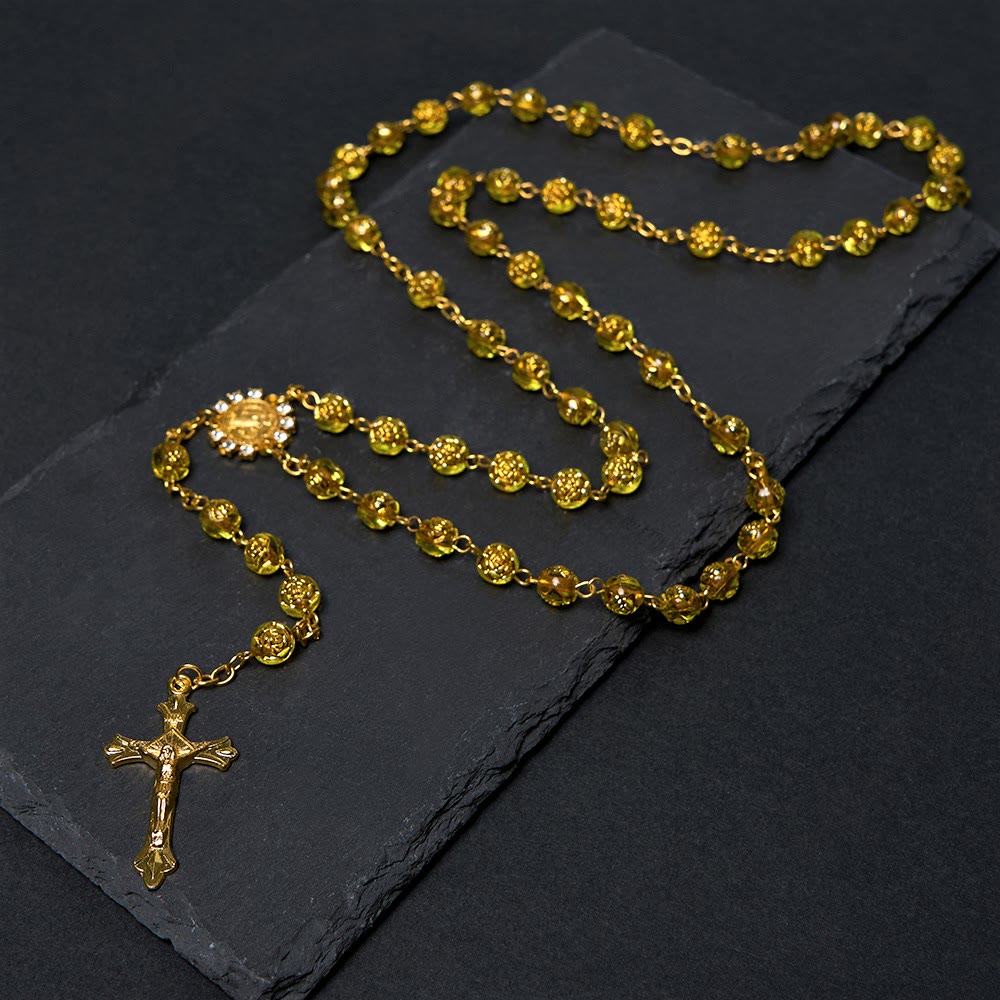 Christianartworkshop St. Benedict Medal & Crucifix of 8 mm Round Multicolor Acrylic Alloy Chain Rosary - Golden - image 5