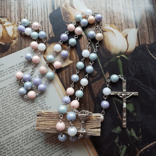 Christianartworkshop Holy Grail & Crucifix of 8 mm Round Multicolor Acrylic Alloy Chain Rosary - Multicolor - image 1