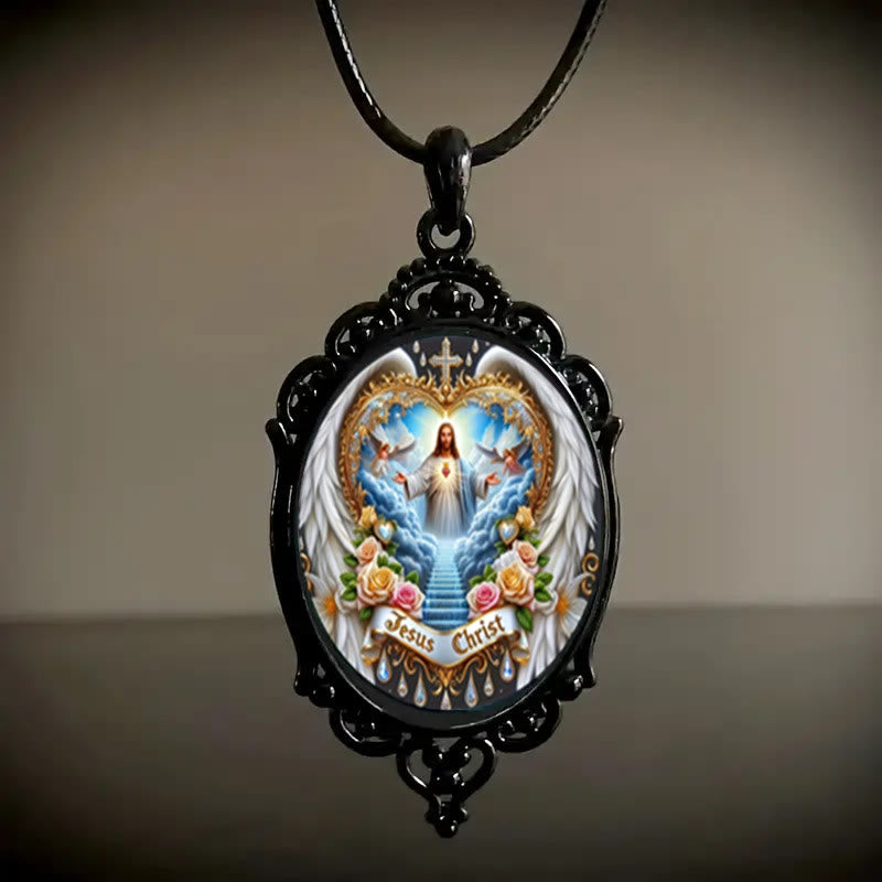 Christianartworkshop Gothic Style Vintage Border Jesus Our Father Colorful Necklace - Black - image 1