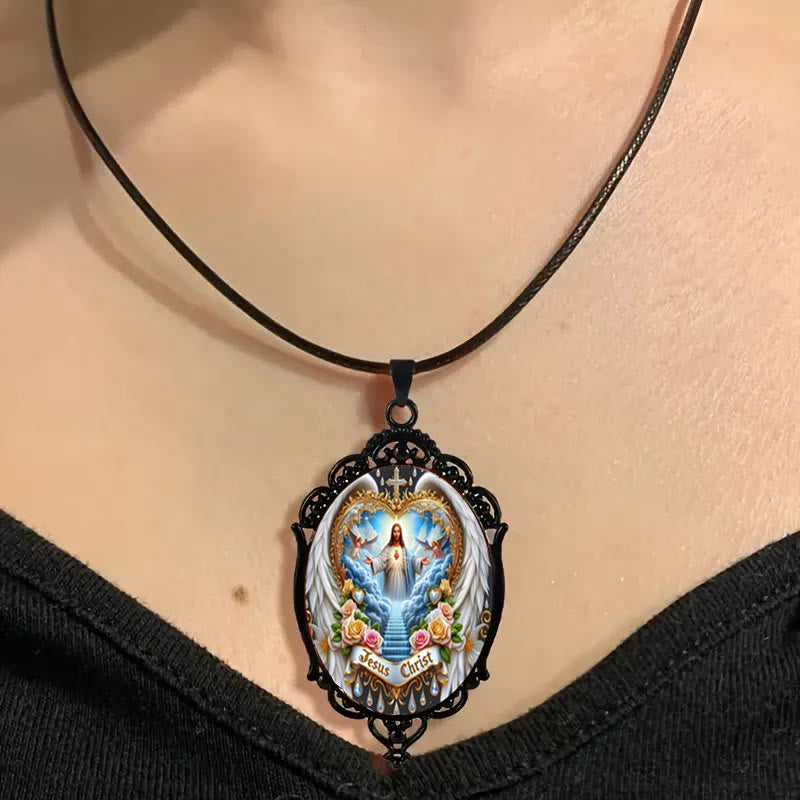 Christianartworkshop Gothic Style Vintage Border Jesus Our Father Colorful Necklace - image 2