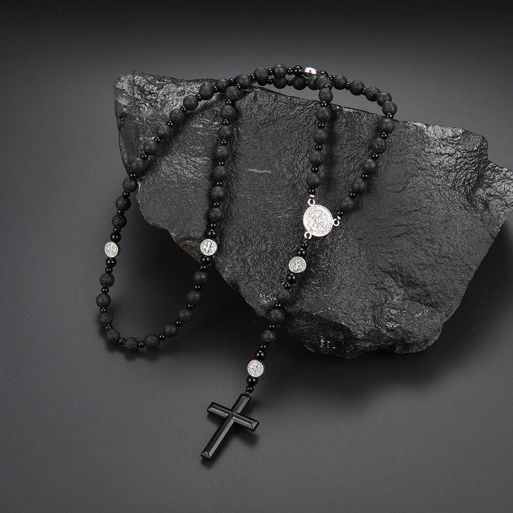 Christianartworkshop St. Benedict Medal & Cross of 8 mm Round Black Multi-material Nylon Cord Rosary - Volcanic Stone - image 3