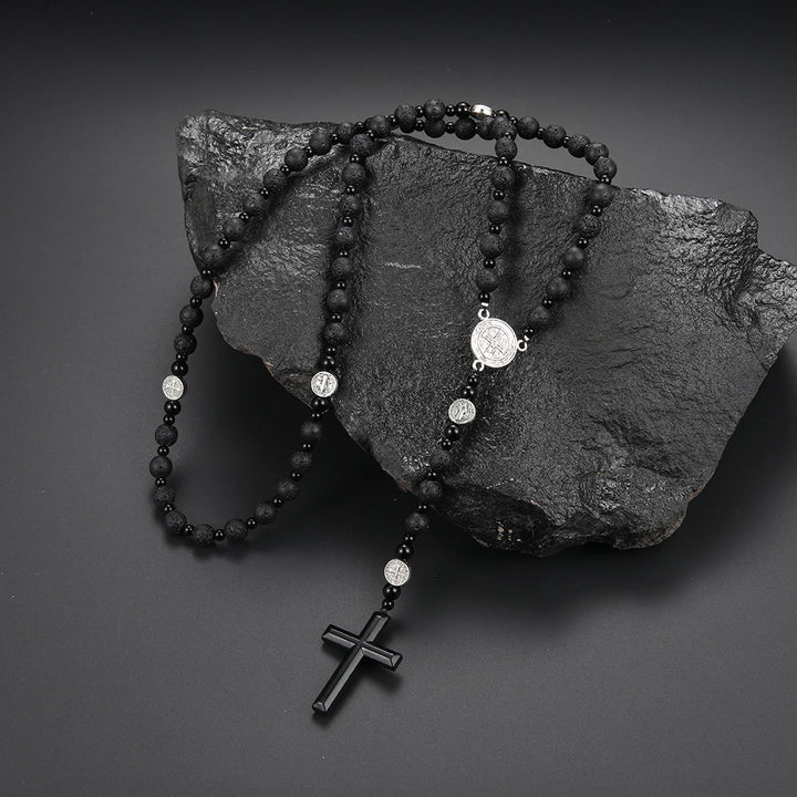 Christianartworkshop St. Benedict Medal & Cross of 8 mm Round Black Multi-material Nylon Cord Rosary - Volcanic Stone - image 3
