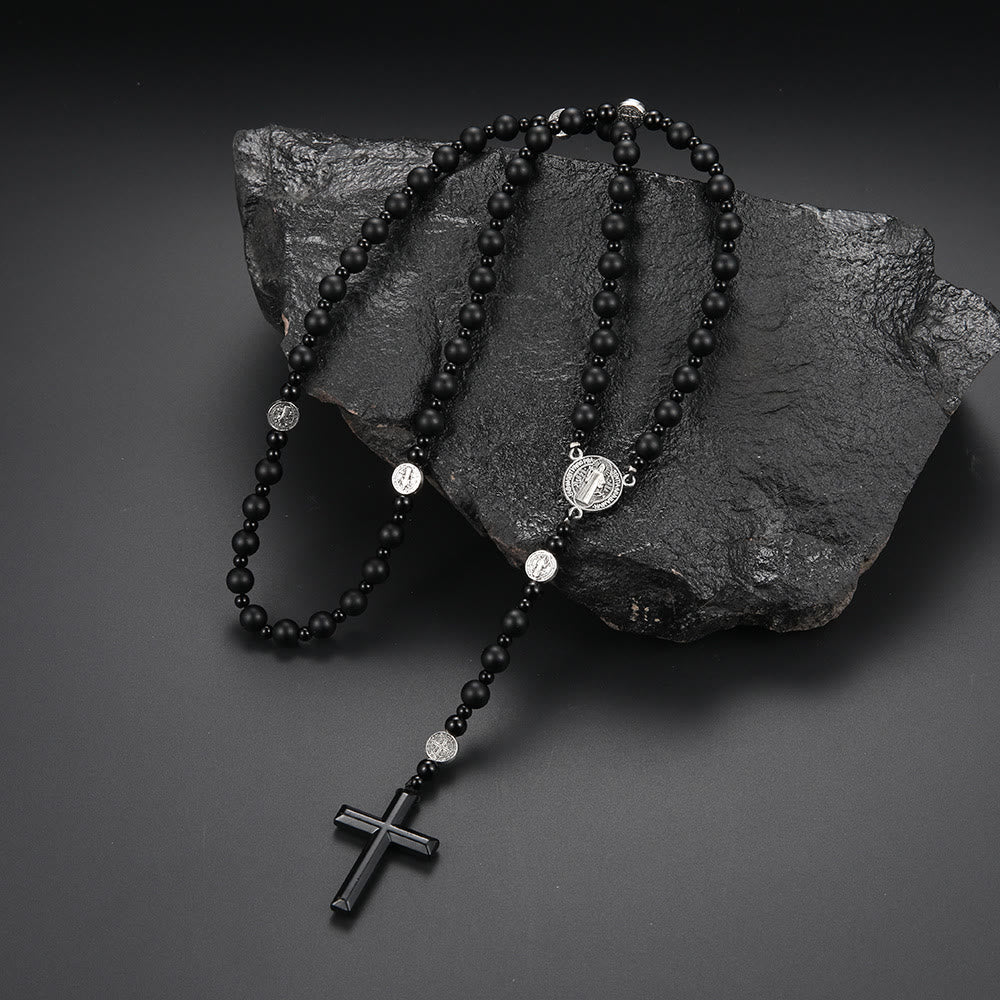 Christianartworkshop St. Benedict Medal & Cross of 8 mm Round Black Multi-material Nylon Cord Rosary - Black Agate - image 5