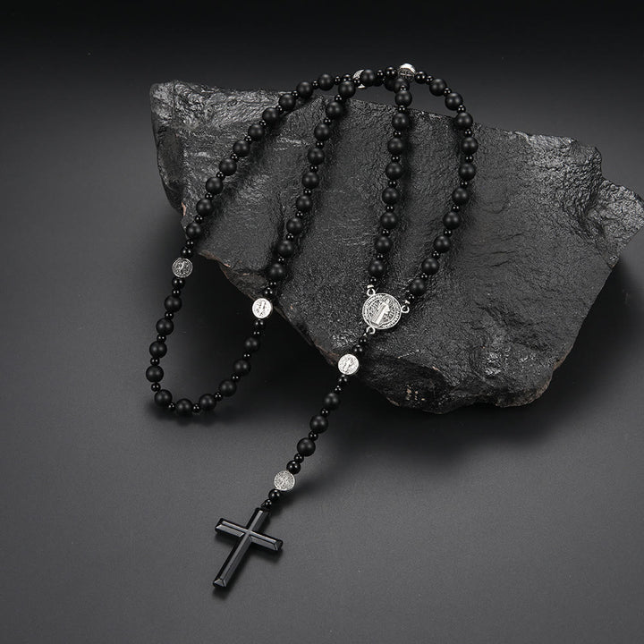Christianartworkshop St. Benedict Medal & Cross of 8 mm Round Black Multi-material Nylon Cord Rosary - Black Agate - image 5