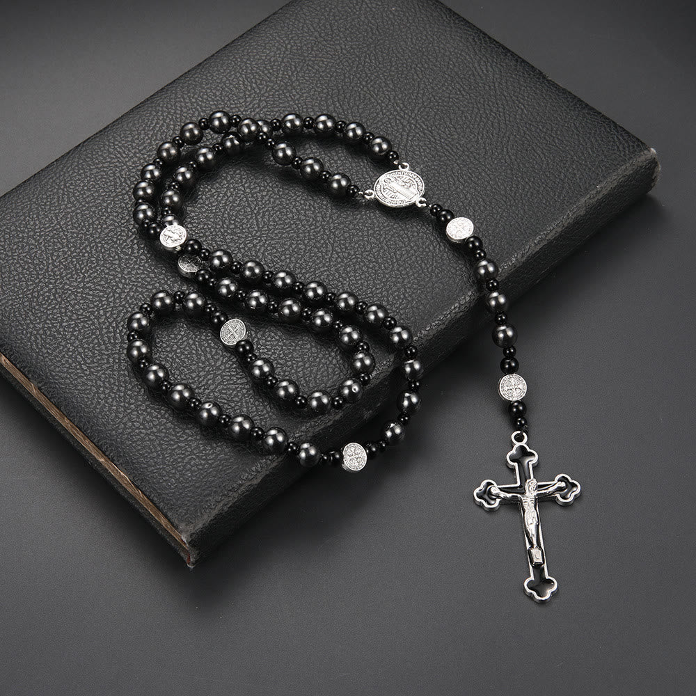 Christianartworkshop St. Benedict Medal & Cross of 8 mm Round Black Multi-material Nylon Cord Rosary - Gallstone-Crucifix - image 2