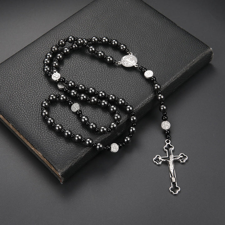 Christianartworkshop St. Benedict Medal & Cross of 8 mm Round Black Multi-material Nylon Cord Rosary - Gallstone-Crucifix - image 2