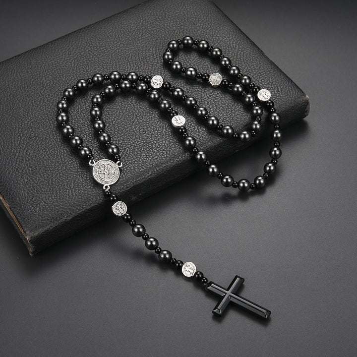 Christianartworkshop St. Benedict Medal & Cross of 8 mm Round Black Multi-material Nylon Cord Rosary - Gallstone-Cross - image 0