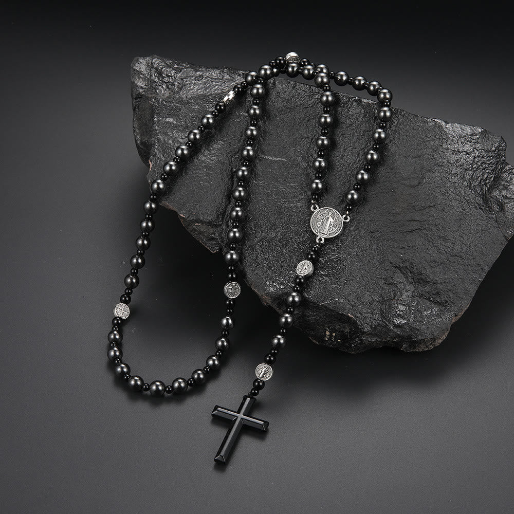 Christianartworkshop St. Benedict Medal & Cross of 8 mm Round Black Multi-material Nylon Cord Rosary - image 1