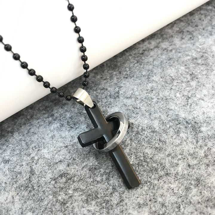 Christianartworkshop Minimalist Style Cross Ring Black Pendant Alloy Necklace - Black - image 1